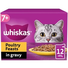 48 x 85g Whiskas 7+ Poultry Feasts Mixed Senior Wet Cat Food Pouches in Gravy 5.39 per kilo
