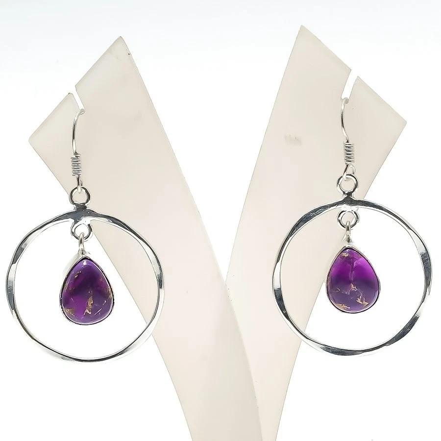 Natural Copper Turquoise Gemstone Handmade 925 Starling Silver Earring Size 2" - Image 1 of 1
