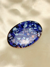 Vintage Blue Enamel Swirl Brooch Oval Pin 1950s 60s Abstract Marbled Statement