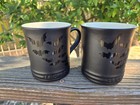 Lot of 2 Le Creuset Bat Mugs 14oz Stoneware Matte Black Halloween Bat Decals GUC