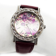Women's Floral Purple Dial Crystal Bezel Rhinestone burgundy Leather Watch 08