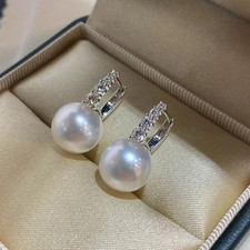 elegant pair of 10-11mm south sea round white pearl dangle  earring 925s(t)