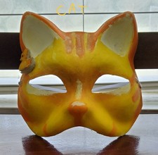 Handmade Hand Painted Cat Face Mask Paper Orange Yellow White