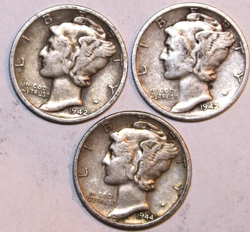 (3) Mercury Dimes - 1942D 1942P 1944D - Very Fine - #0812ED FREE SHIPPING