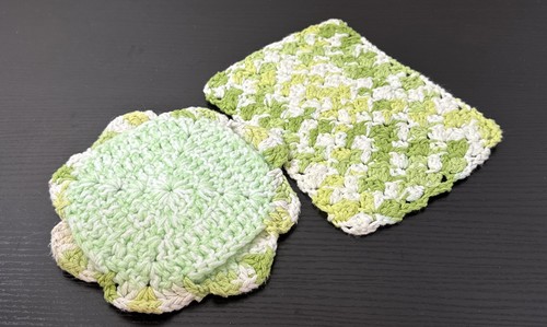 Hand Crochet Cotton Dish Cloth And Pot Holder Color White & Green