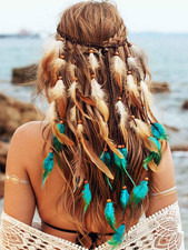 Boho Feather Headband Hippie Headpiece Black Gypsy Costume Headdress Indian Feat