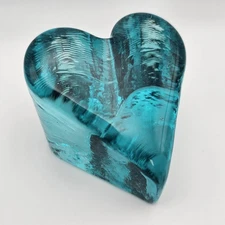 Vintage Fire and Light 2000 Aqua Blue Heart Art Glass Paperweight Signed  EUC