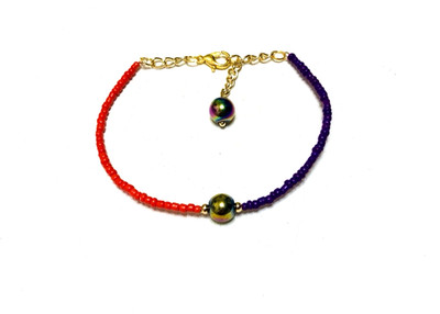 Colorful Pixie Dust Seed Bead Red Purple Beaded Bracelet With Charm Handmade