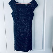 Ralph Lauren Evening Formal Bodycon Dress Cap Sleeve Gathered Sequin Navy 12