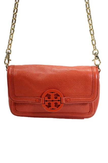 Tory Burch Wonens Leather Chain Strap Snap Closure Shoulder Bag Purse Orange