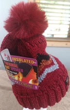 Polar Extreme Womens Pom Pom Red Chevron Knit Fleece Insulated Thermal Beanie OS