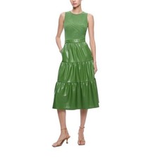 Alice + Olivia Chara Vegan Leather Sleeveless Tiered Midi Dress Avocado Green