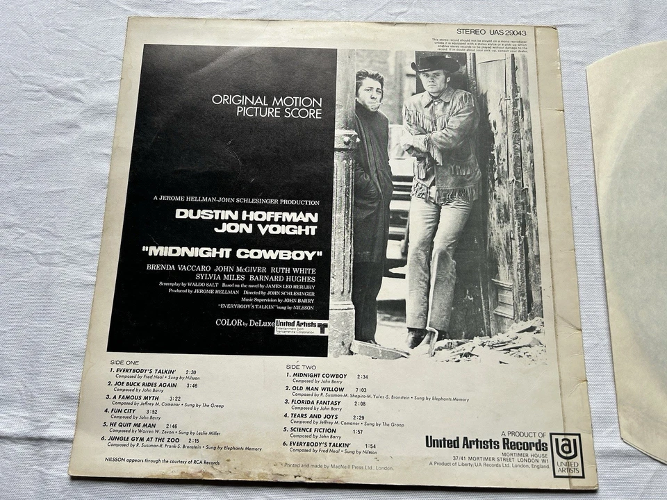 JOHN BARRY - MIDNIGHT COWBOY OST VG VINYL LP 1969 NILSSON - EVERYBODY'S TALKIN' - Image 3 of 4