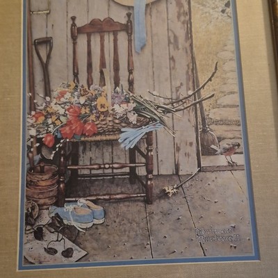 Norman Rockwell Floral Still Life Chair Bird Hat Gloves Lithograph Framed 1969