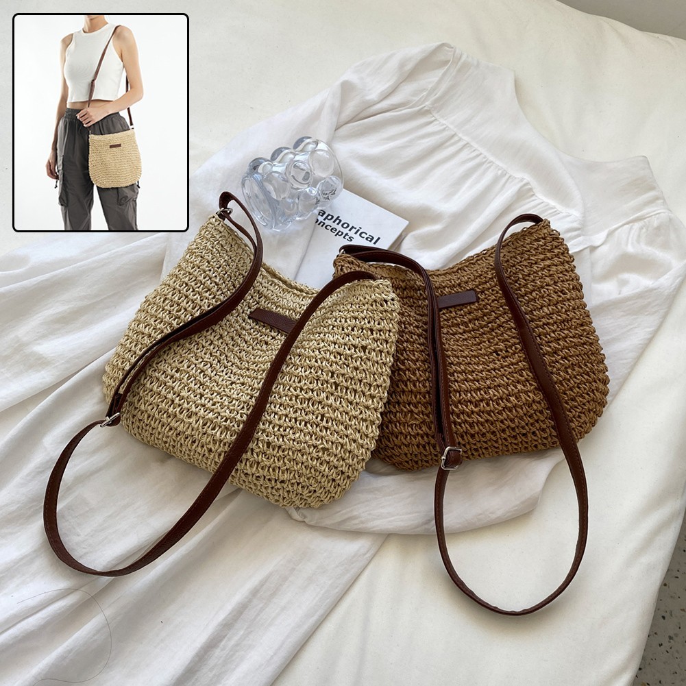 Women Straw Shoulder Bag Woven Summer Beach Purse Vacation Handbag Zippered