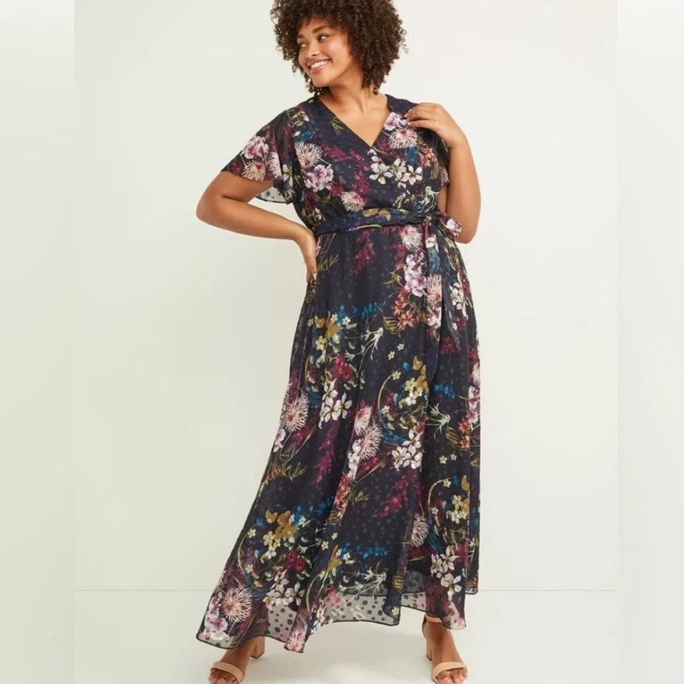 Maxi Vestido Lane Bryant Mujer Talla 22 Azul Marino Floral Gasa Manga Acampanada Cinturón 2X Foto 2 de 4
