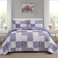 Purple Quilt Set Queen Size,3 Pieces Boho Floral Plaid Bedspread Coverlet Set fo