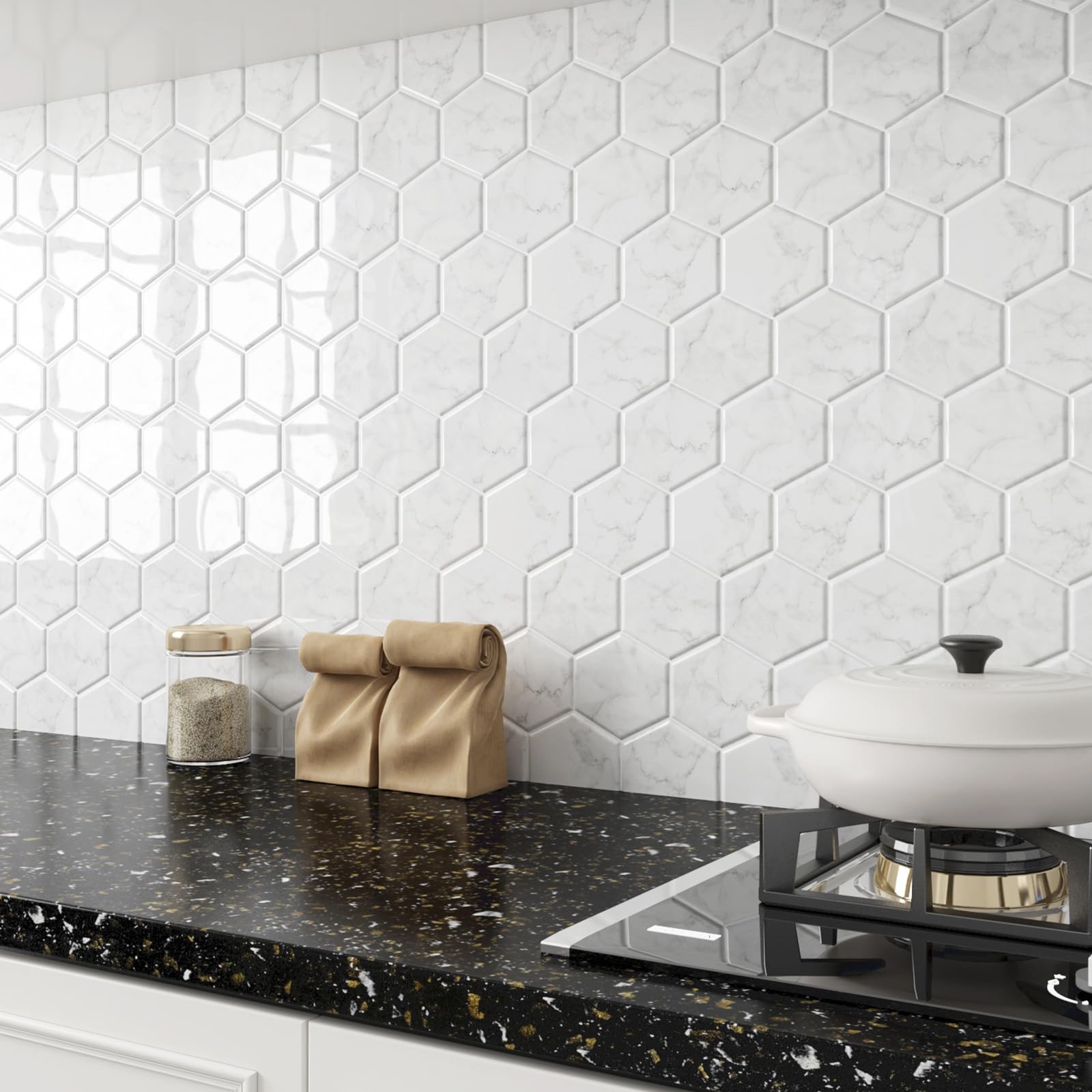 White Marble Hexagon Peel and Stick Backsplash Tiles for Kitchen