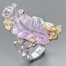 Carving 22 ct Natural Amethyst Ring 925 Sterling Silver Size 7.75 /R433822