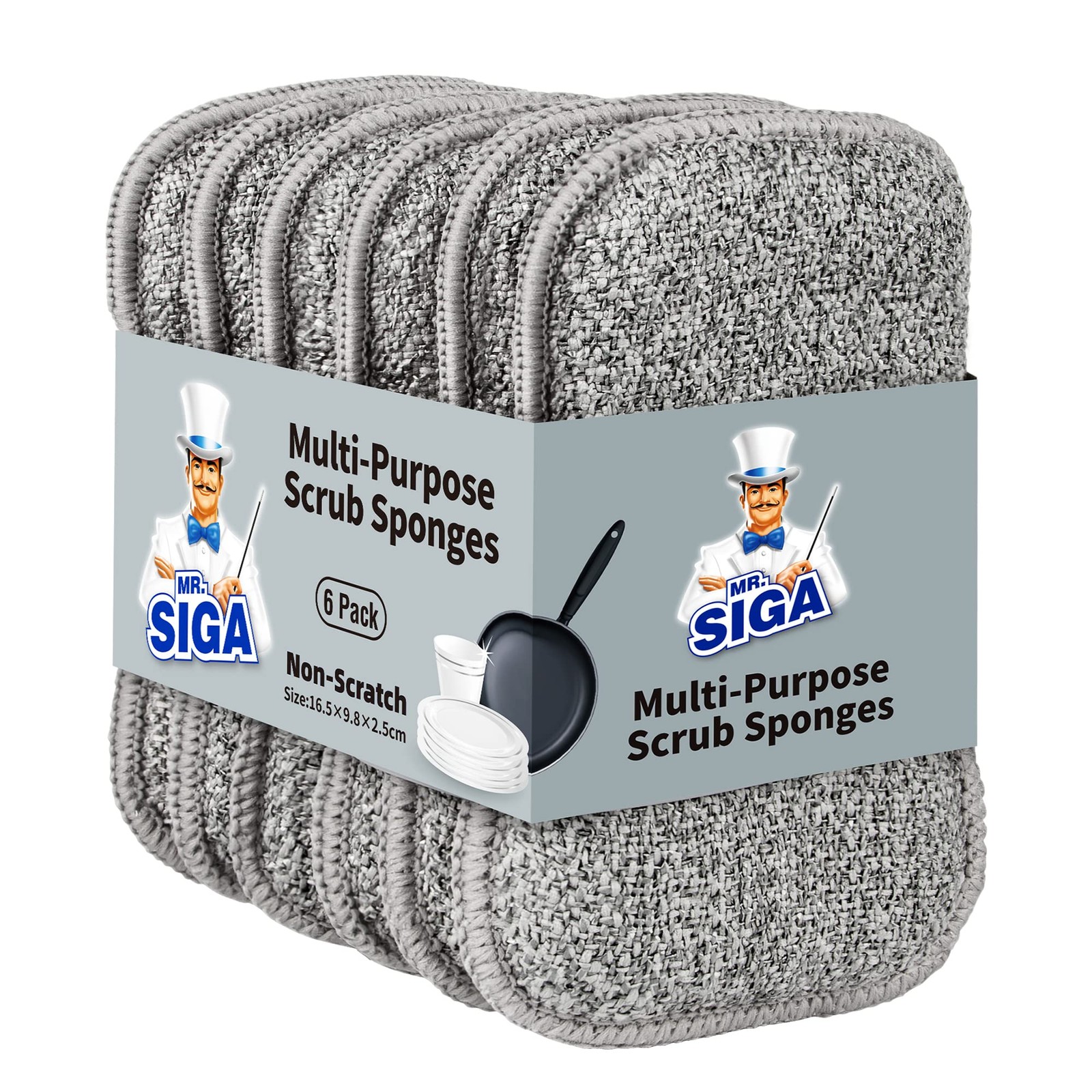 MR.SIGA Dual-sided Scrub Sponges, Dishwashing Sponges 16.5*9.8*2.5 cm, Grey