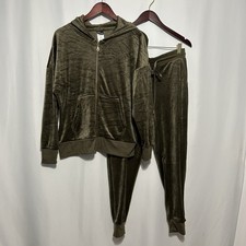 Felina Women's 2-Piece Soft Velour Hoodie  Jogger Set Deep Olive Size M New