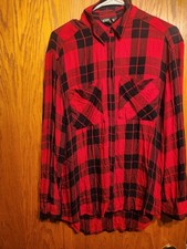 Express Men's L Regular Red/Black Plaid Long Sleeve Collared Button-Up Shirt