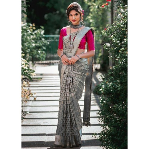 Grey kanchipuram silk Sari silver 