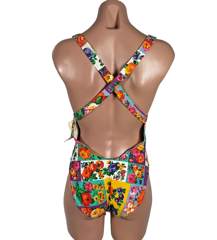 NEW VINTAGE Anne Cole Bathing Suit Size 12 Ivory Rose 1 Piece Underwire Hi Cut - Image 2 of 4