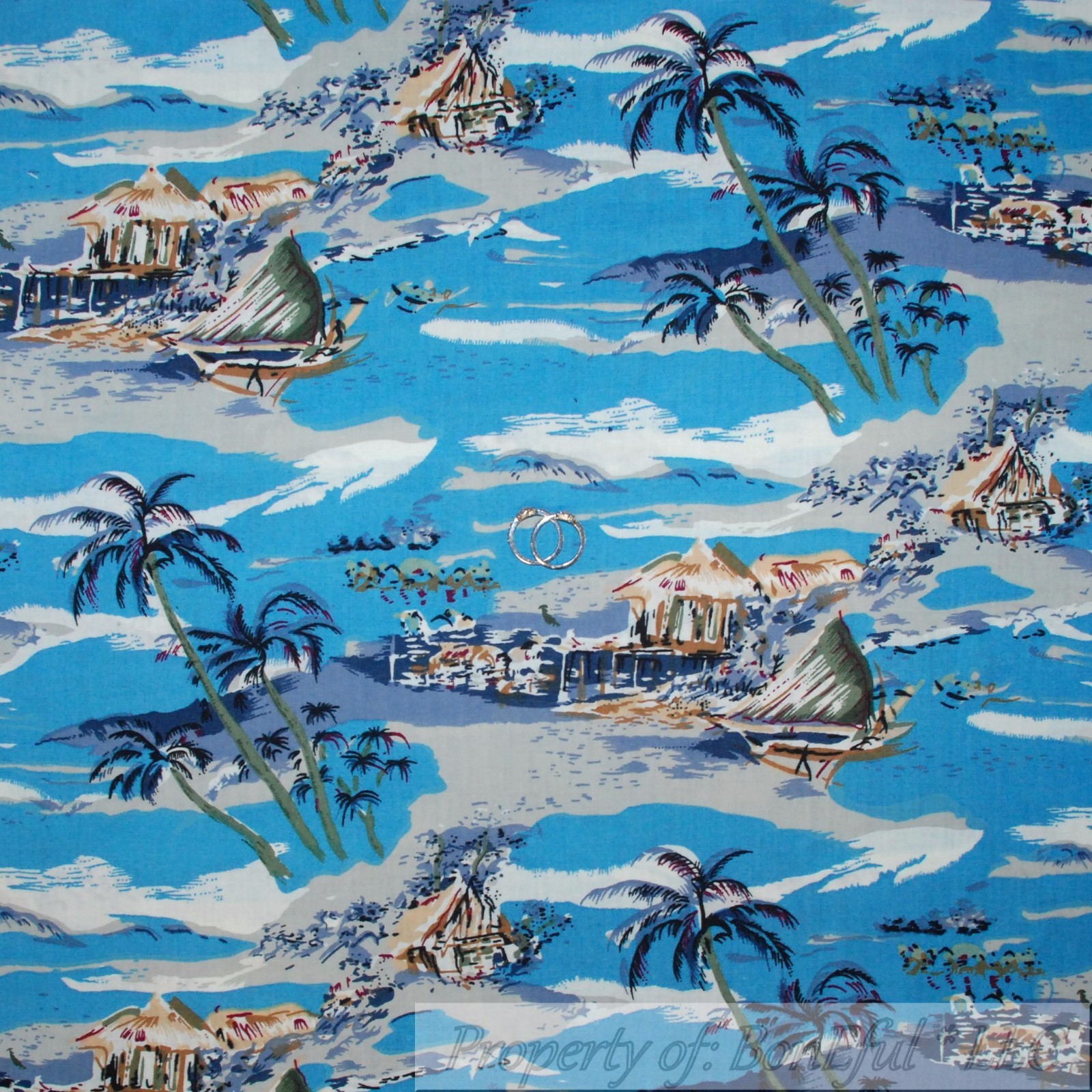 Boneful Fabric Fq Cotton Quilt Blue Water Beach Tropical Island Palm Tree Scenic