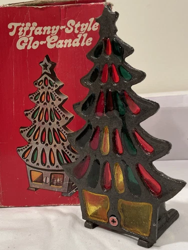 Vintage TIFFANY STYLE Christmas Tree STAINED GLASS Glo-Candle Holder Cast IRON