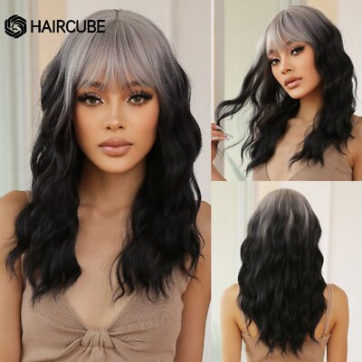 Long Wavy Black Synthetic Wigs With Gray Bangs Natural Hair Wigs