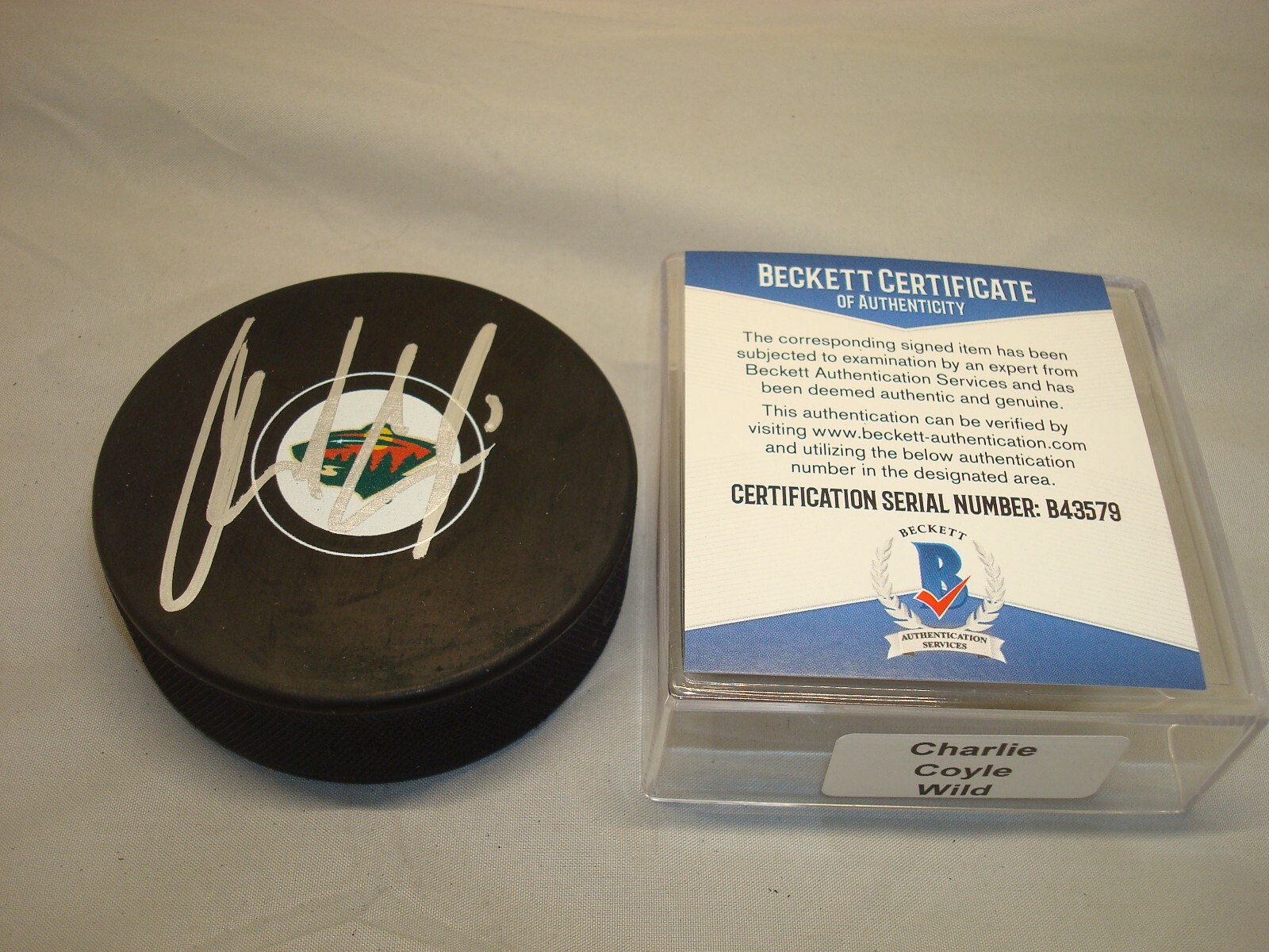 Charlie Coyle Autographed Signed Minnesota Wild Hockey Puck Beckett BAS COA 1C 
