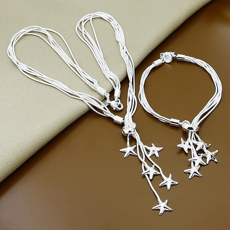 925 Silver Filled Five Stars Snake Chain Necklace Bracelet Women