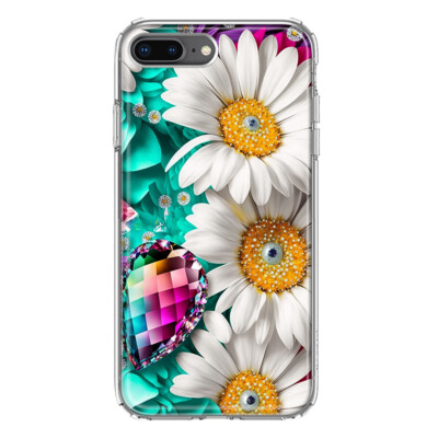 For Apple iPhone 7/8 Plus Shockproof Hybrid Case, Rainbow Gems Teal Daisies 