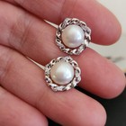 925 Sterling Silver Natural White 8.5mm Pearl+ Sapphire Halo Stud Earrings — photo 3
