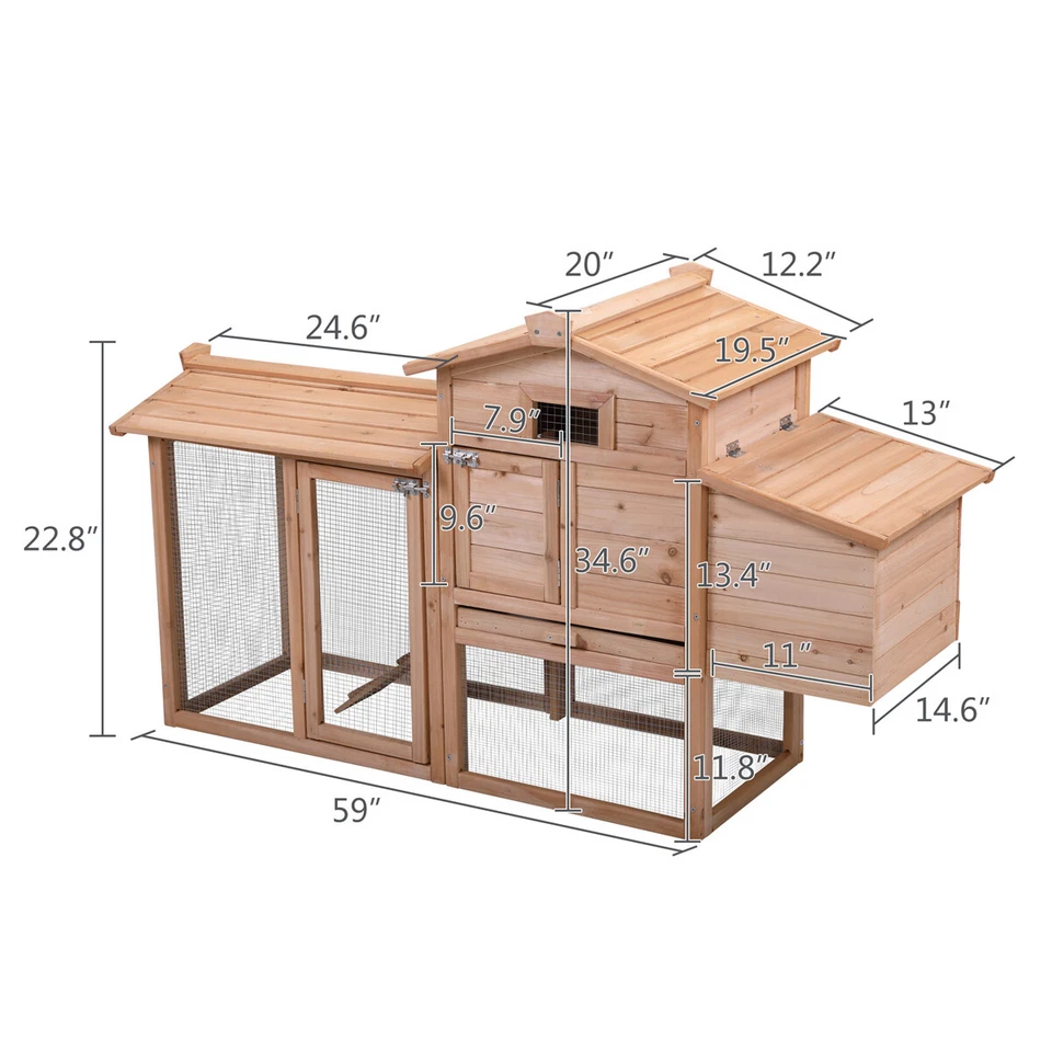 Wooden Large Rabbit Hutch Chicken Coop Hen House Poultry Pet Cage w/Run Outdoor - Image 2 of 4