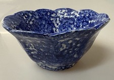 VTG Blue and White Speckled Ceramic Spongeware Bowl with Scalloped Edge