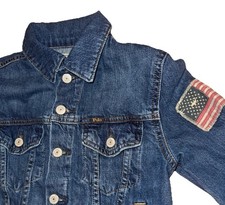 POLO Ralph Lauren Jacket Youth Medium Blue Denim Trucker Patches Flag