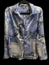 Pleione Women’s Blue Bandana Patchwork  Sleeveless Button Up Blouse Top Size L