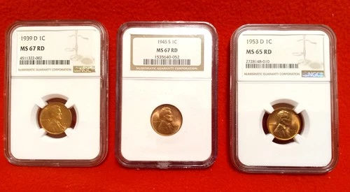 1939D MS67 RD, 1945S MS67 RD, & 1953D MS65RD Lincoln Cents NGC