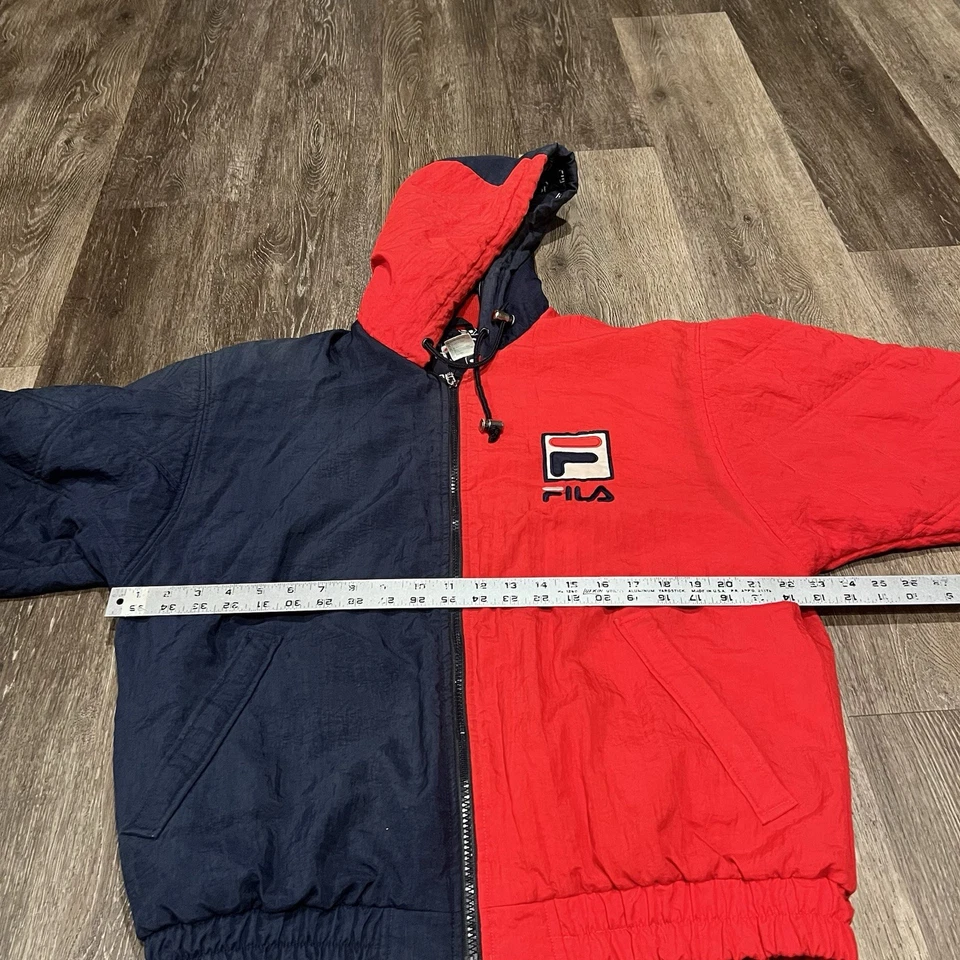 复古 FILA Puffer 夹克男式 XL 90 年代嘻哈说唱蓝色红色全拉链 Y2K — 第 4/4 张图片
