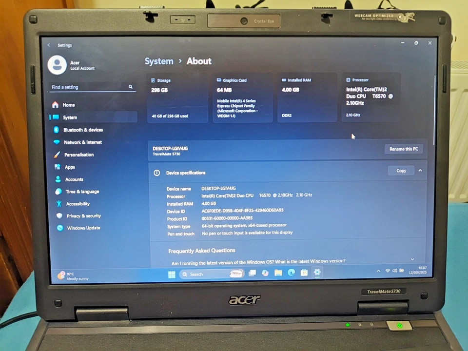 Acer TravelMate 5730 15.6" Intel 2.1Ghz/4GB/320GB Windows 11 Pro ,Office365 - Image 2 of 4