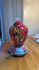 Glass Hummingbird Feeder Red Speckled Art Hanging Outdoor