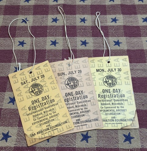 1984 EAA Oshkosh Aviation Convention Registration Badges 3 Day Set w/ Strings