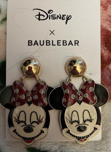 DISNEY BAUBLEBAR MINNIE MOUSE LARGE DANGLE POLKA DOT BOW GOLD EARRINGS - Picture 2 of 2