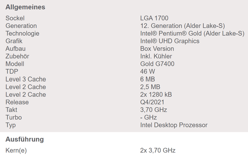 BX80715G7400 Intel Pentium Gold G7400, 2x 3.70GHz, boxed, 1700 - Bild 2 von 2