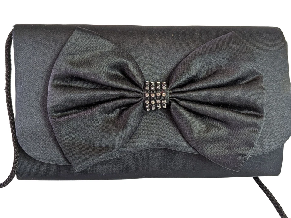Bolso de Noche La Regale Negro Satinado con Lazo Cierre a Presión Cuerda Cartera de Hombro Foto 2 de 4