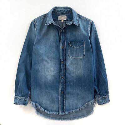 Current/Elliott The Prep School Frayed Button Up Denim Shirt Ripple Size Small