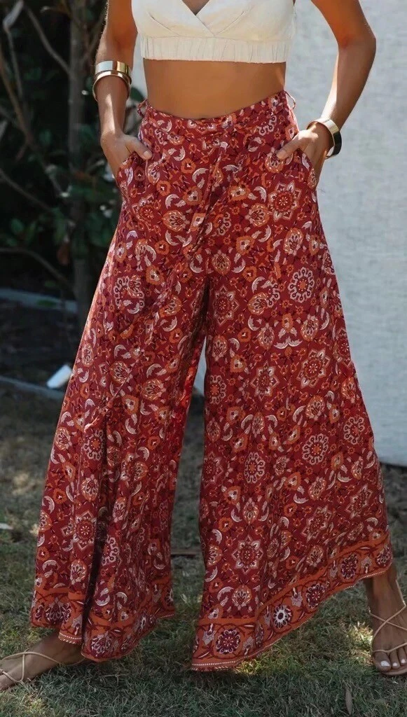 Orange Totem Flower Print Boho Pants Summer Beach Elastic Waist Hippie  Trousers