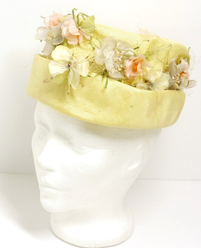 Yellow Straw Style Hat Vintage Flower 